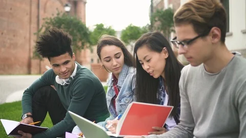 Team of smart and cheerfull students are working on study project near college. Stock Footage 99052861