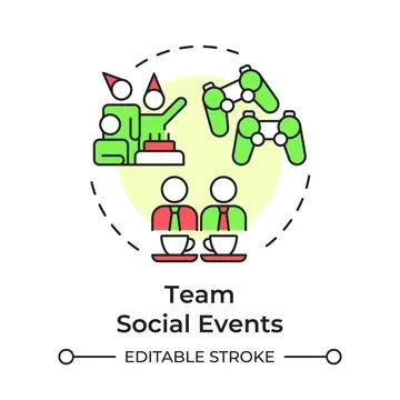 Team social events flat linear concept icon 库存插图