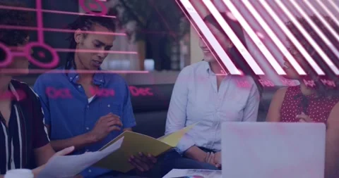 Team on sofa discussing business speaker holding folder starting pink charts Stock Footage 328384408