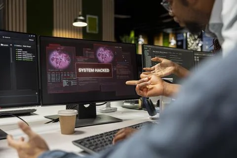 Team of software developers detecting and blocking hacker intrusion Foto stock