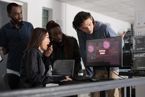 Team of software developers having web server hacked 스톡 사진