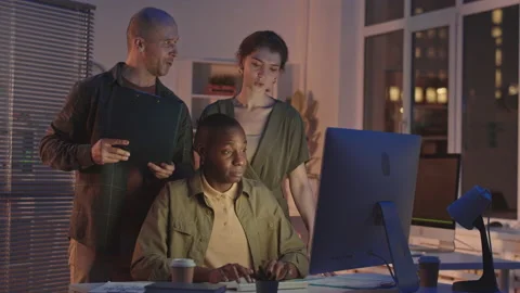 Team of Software Developers Working in Office at Night Stock Footage 164920156