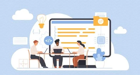 Team of software developers working together on a project, with a large screen Stock Illustration