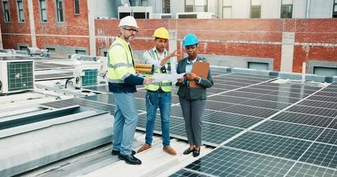Team, solar panel engineer or people planning maintenance, PV installation .. Stock Photos