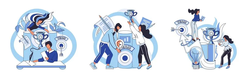 Team solving complex problems. Teamwork metaphor. Miniature scene of workers Illustrazione stock