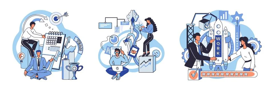 Team solving complex problems. Teamwork vector illustration metaphor. Time Illustrazione stock