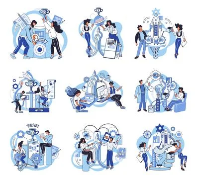 Team solving complex problems. Teamwork metaphor. Miniature scene of workers Illustrazione stock