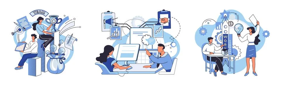 Team solving complex problems. Teamwork vector illustration metaphor. Collective Illustrazione stock