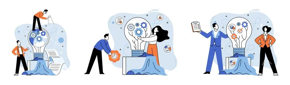 Team solving complex problems. Teamwork metaphor. Miniature scene of workers Stock Illustration