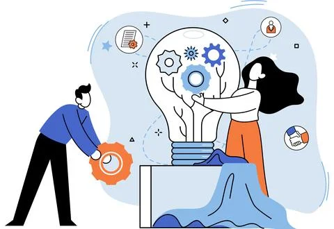 Team solving complex problems. Teamwork vector illustration metaphor. Solution Illustrazione stock