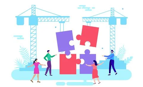 Team solving jigsaw puzzle 스톡 일러스트