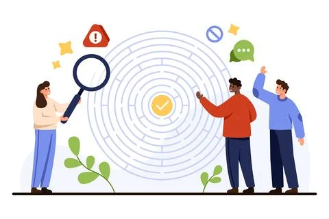 Team Solving Maze with Magnifying Glass イラスト素材