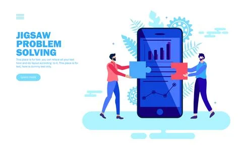 Team solving problem in app with jigsaw Illustrazione stock