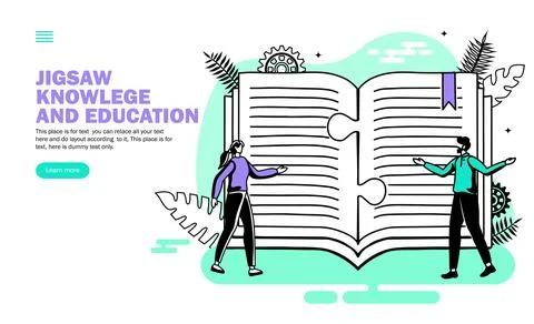 Team solving problem of knowledge with jigsaw book vector Stock Illustration