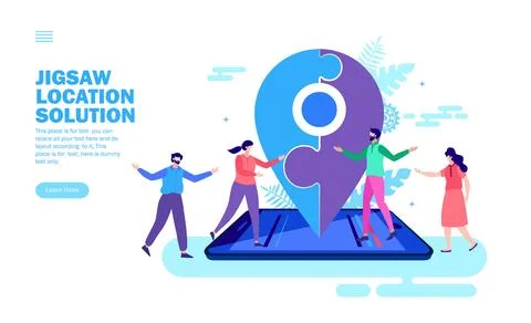 Team solving problem of location on app with jigsaw Illustrazione stock