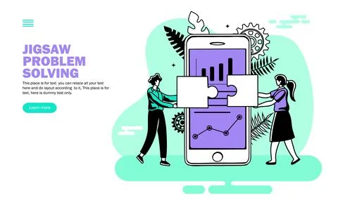 Team solving problem in mobile application with jigsaw puzzle vector Stock Illustration