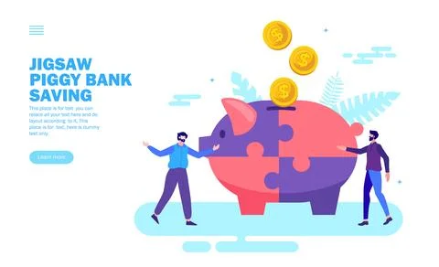 Team solving problem money saving with jigsaw piggy bank 스톡 일러스트