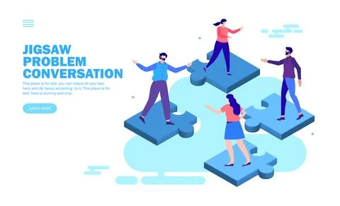 Team solving problem with standing on jigsaw puzzle and discussion Illustrazione stock