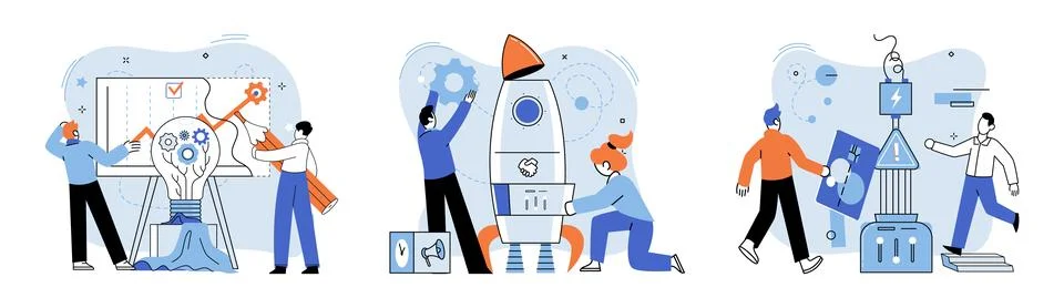 Team solving problems. Analyzes buyers to promote business Solving problem and Illustrazione stock