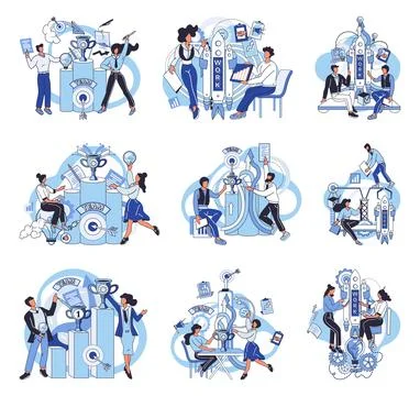 Team solving problems. Data scientists, software engineer, statistician Stock Illustration