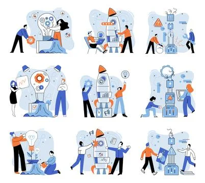 Team solving problems. Data scientists, software engineer, statistician Stock Illustration