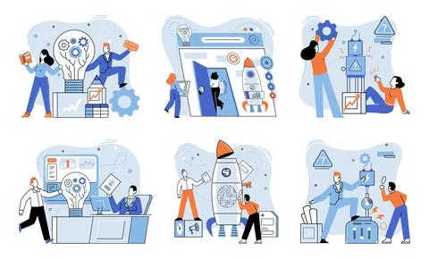 Team solving problems. FAQ question and answer, solution to solve problem Stock Illustration