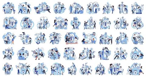 Team solving problems. FAQ question and answer, solution to solve problem Stock Illustration