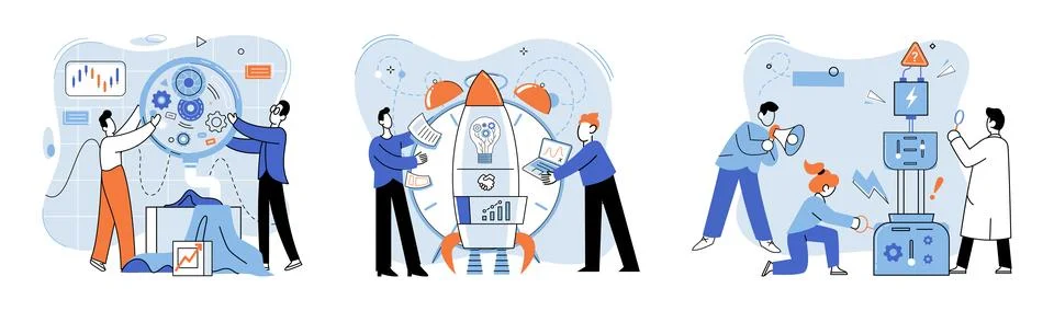 Team solving problems Focus group concept with people scene Marketer team Illustrazione stock