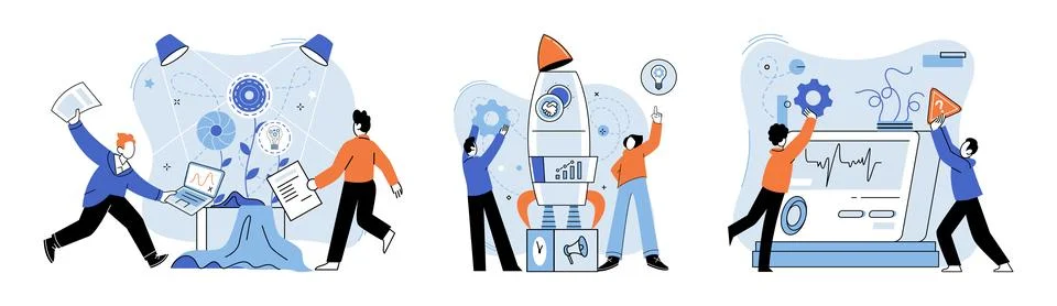 Team solving problems. Gears and technical wheels as thoughts Cooperation for Stock Illustration