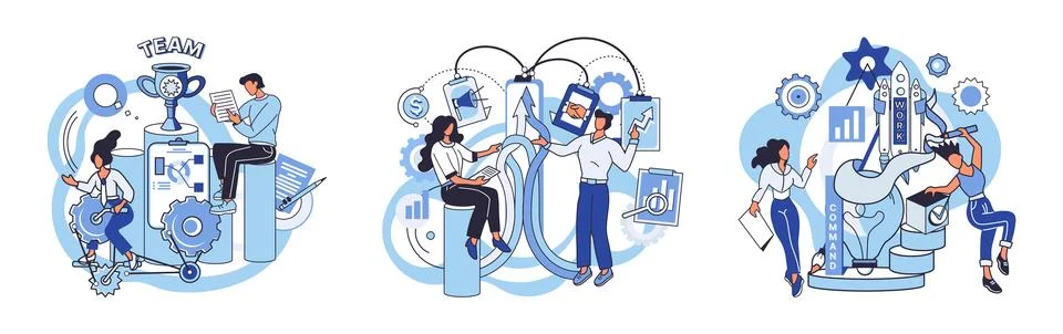 Team solving problems. Gears and technical wheels as thoughts Cooperation for Illustrazione stock