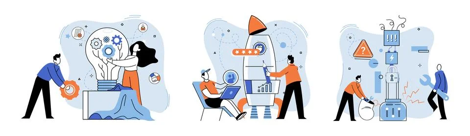 Team solving problems. Gears and technical wheels as thoughts Cooperation for Illustrazione stock