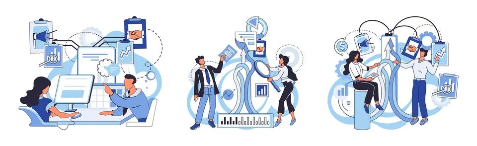 Team solving problems Leadership to guide employee to achieve goal concept Illustrazione stock