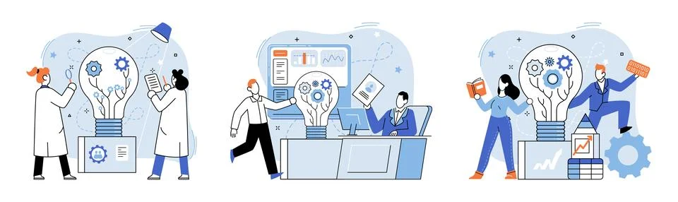 Team solving problems. People try find solutions and solve problem in Illustrazione stock