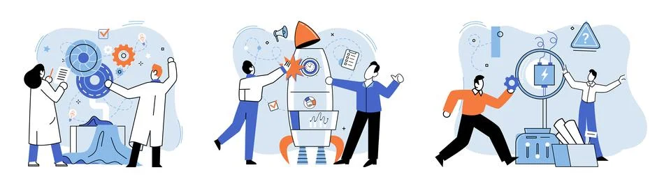 Team solving problems. People try find solutions and solve problem in Illustrazione stock