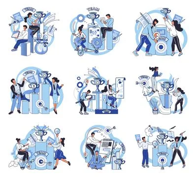 Team solving problems. People try find solutions and solve problem in Illustrazione stock