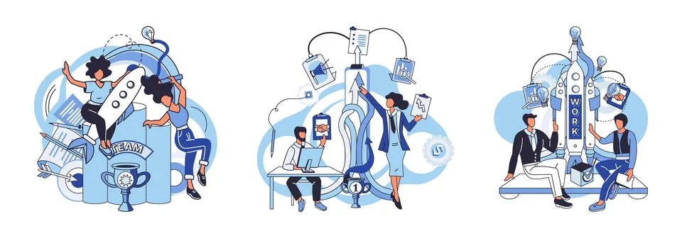 Team solving problems. People try find solutions and solve problem in Illustrazione stock