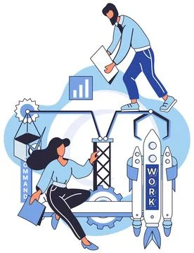 Team solving problems. People try find solutions and solve problem in manuf.. Stock Illustration