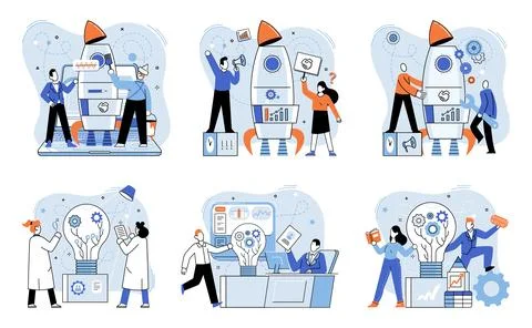 Team solving problems. Planning, startup, coaching and problem solving, success 스톡 일러스트