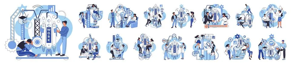 Team solving problems. Planning, startup, coaching and problem solving, success 스톡 일러스트