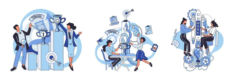 Team solving problems. Planning, startup, coaching and problem solving, success Illustrazione stock