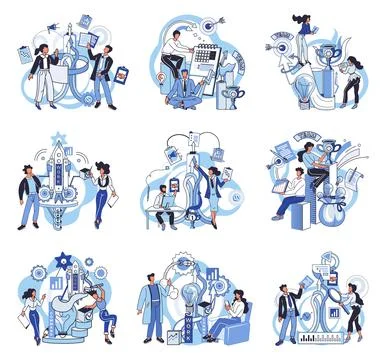 Team solving problems. Planning, startup, coaching and problem solving, success Stock Illustration