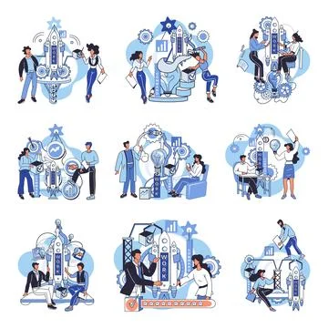 Team solving problems. Problems research and discover new idea, creativity to Illustrazione stock