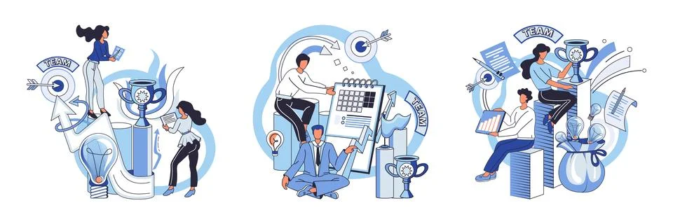 Team solving problems Project completed, work done, test, option approved Stock Illustration