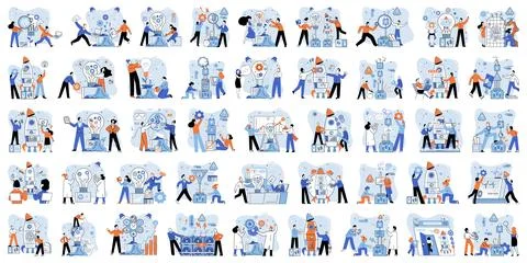 Team solving problems Project completed, work done, test, option approved Illustrazione stock