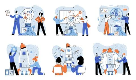 Team solving problems. Search for right solution, business problem solving Illustrazione stock