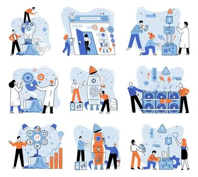 Team solving problems. Solutions to problems, use in web-projects and Illustrazione stock