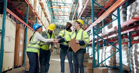 Team, stack of hands and logistics employees in warehouse for discussion on 库存影片 335936888