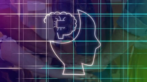 Team stacking hands starting animated head drawing AI chip and cascading binary Stock Footage 334744090