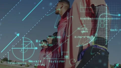 Team standing on field, camera panning sparking teal HUD showing graphs over Stock Footage 333689494