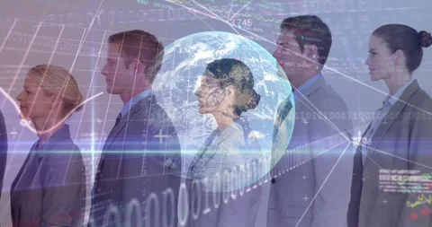Team standing profile as frames shifting, globe over group, charts and binary Stock Footage 331567854